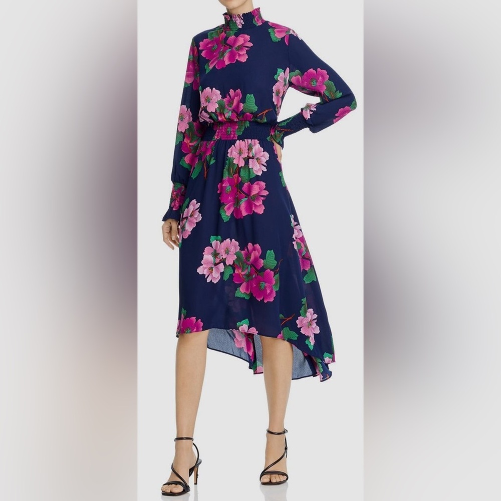 NWOT Nanette Lepore Women Blue Floral Print Mock-Neck Smocked Midi Dress sz6